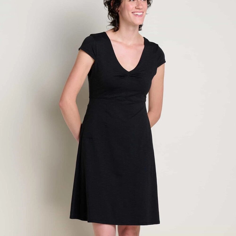 Toad&Co Rosemarie Sleeveless V-Neck Black Ruched Cotton Dress